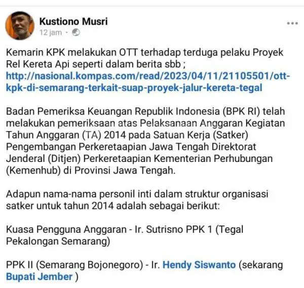 OTT Kasus Korupsi Jalur Kereta Api Oleh KPK, Menjadi Perbincangan di Jember