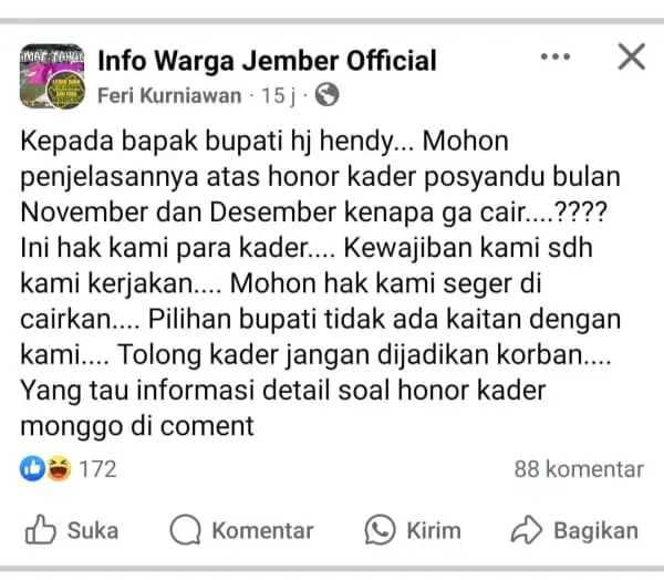 Viral di Medsos, Dua Bulan Honor Kader Posyandu se Kabupaten Jember Belum Terbayar